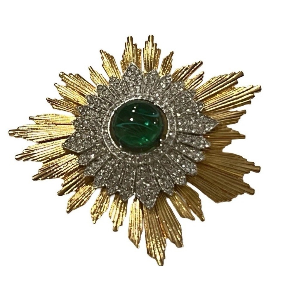 KJL Kenneth Jay Lane Gold Rhodium Crystals With Emerald Starburst Pin New Rare